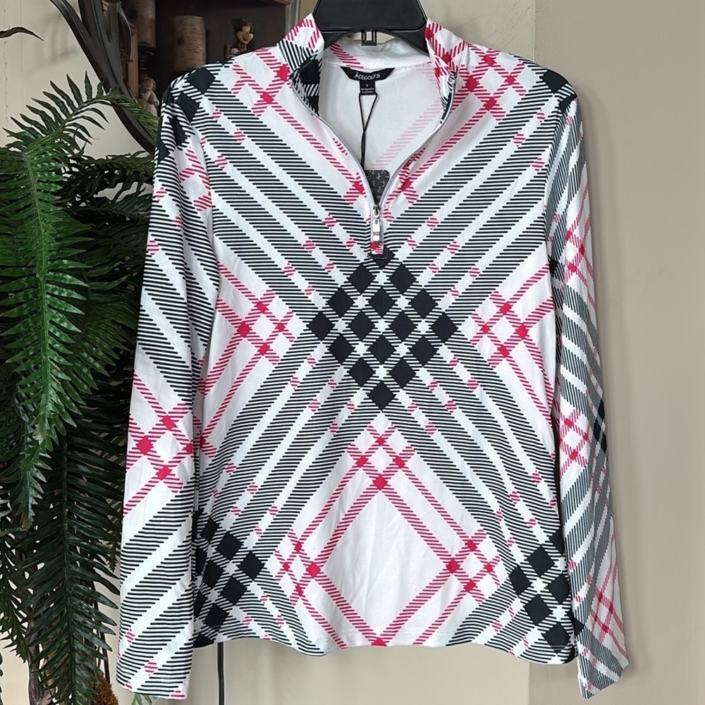 Brand New ACEGOLFS Plaid Print 1/4 Zip Long Sleeve Golf Top White Black Pink